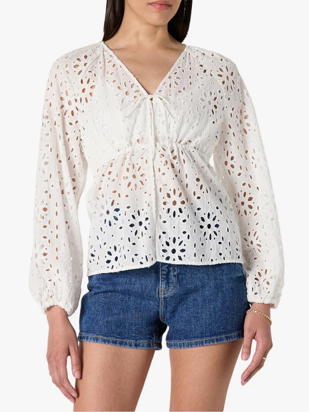 The Drop Women’s Kerena Tie Front Balloon Sleeve Blouse, White Eyelet NWT